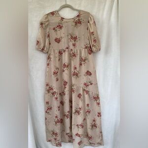 En Saison Puff Sleeve Midi Dress Women’s Beige Floral Size S Modest Side Pockets
